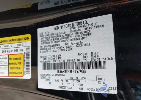 2020 Ford Mustang Ecoboost Fastback z USA, uszkodzony, nr VIN 1FA6P8TH3L5157900